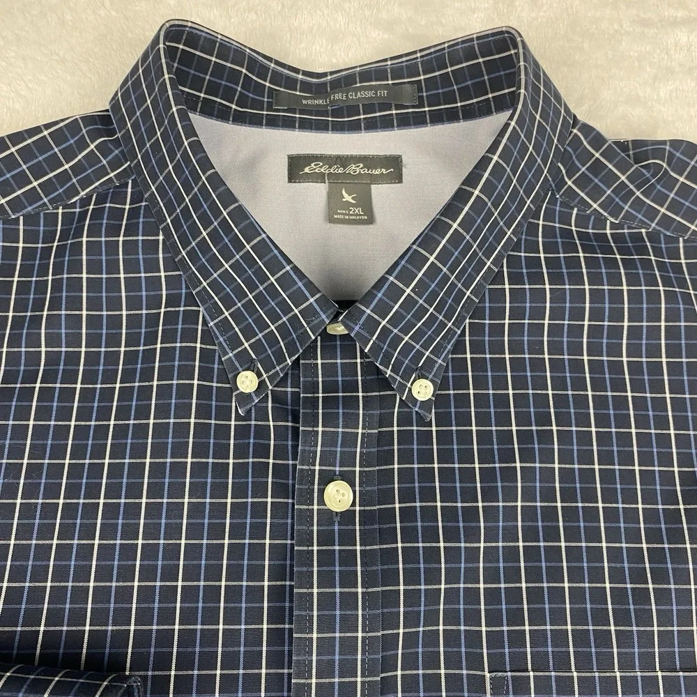Eddie Bauer Shirt Mens 2XL Blue/White Checks Classic Fit Wrinkle Free